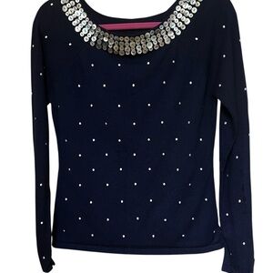 Peck & Peck navy sweater with mother of pearl buttons